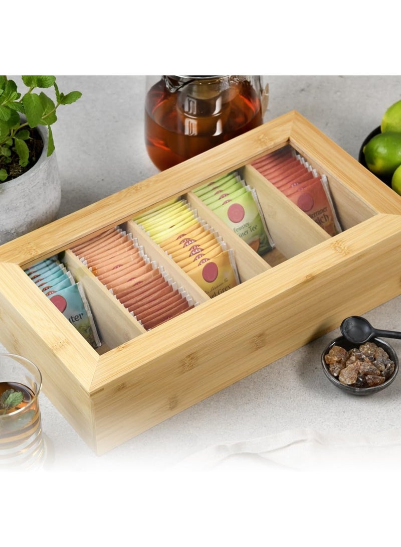 صندوق شاي خشبي أنيق بـ4 حجرات كبيرة وغطاء شفاف زجاجي، يرتب أكياس الشاي، الأعشاب، القهوة أو التوابل في مكان واحد، مثالي لتنظيم المطبخ أو المكتب بتصميم عصري ومتين. - Image 3